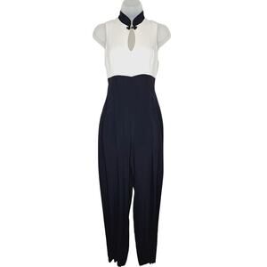 VTG 90s Bonnie Marx Jumpsuit 4 Black White Tuxedo Chinoiserie Frog Clasp Prom
